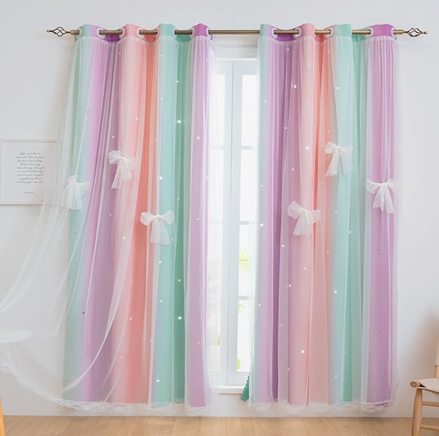 Yancorp Curtains For Girls Bedroom Kids Curtain Hollow-Out Star Window Nursery Curtain 63 Inches Length Room Darkening Grommet 2 Layers (Green Pink Purple, W34 X L63)