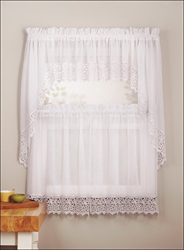 Mk Collection 3pc White or Antique Crushed Kitchen/Cafe Curtain Tier and Swag Set (White)