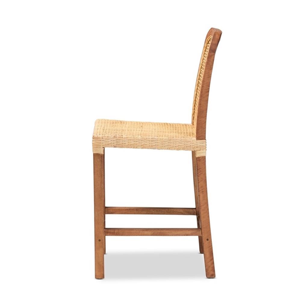 Baxton Studio Caspia Mid-Century Modern Walnut Brown Finished Wood and Natural Rattan Counter Stool