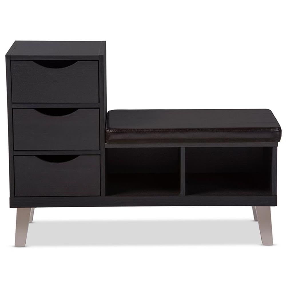 Baxton Studio Arielle Modern Contemporary Wood 3 Drawer Shoe Storage Padded Leatherette Seating Bench with Two Open Shelves, Dark Brown