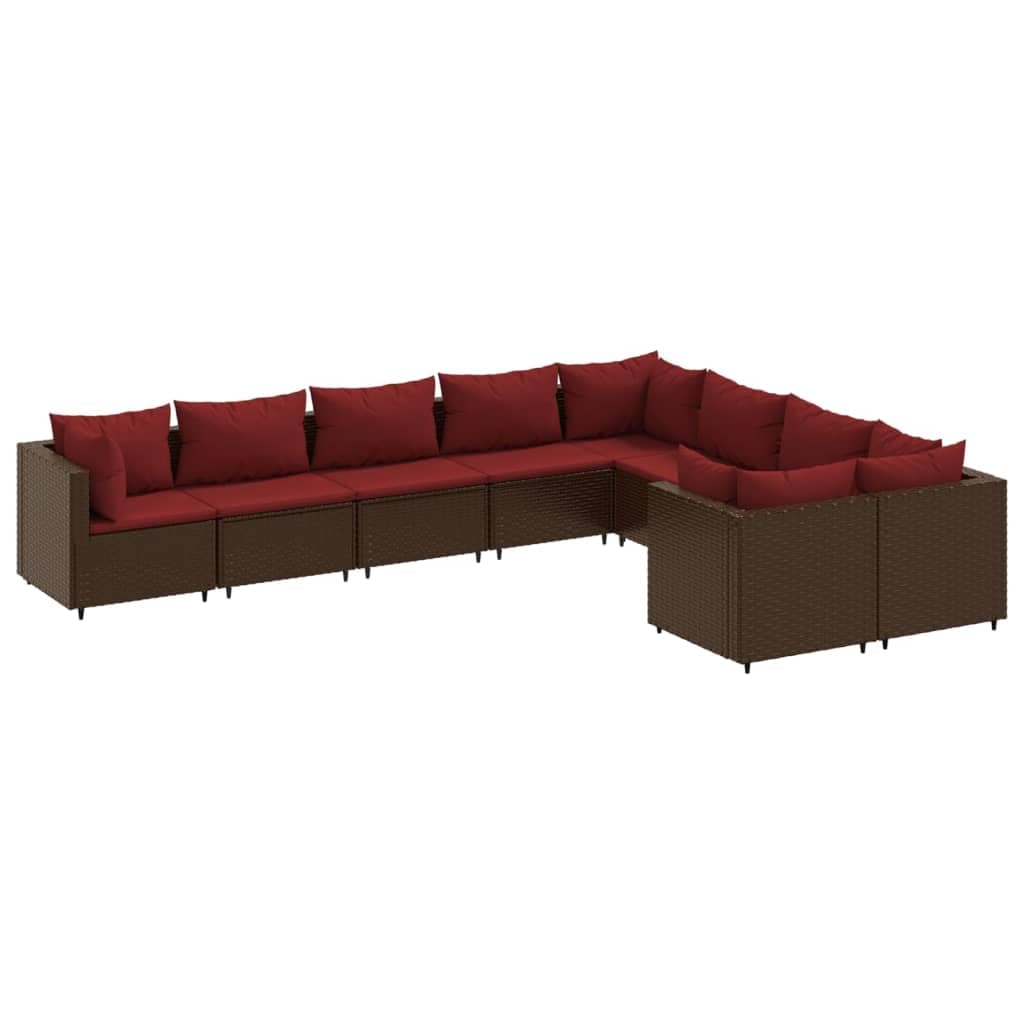 9 Piece Brown Poly Rattan Patio Sofa Set with Cinnamon Red Cushions - Thumbnail 3