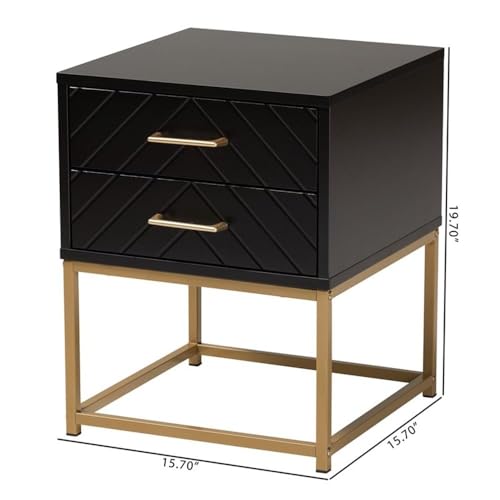 Baxton Studio Inaya Contemporary Glam and Luxe Black Finished Wood and Gold Metal 2-Drawer End Table Black/Wood