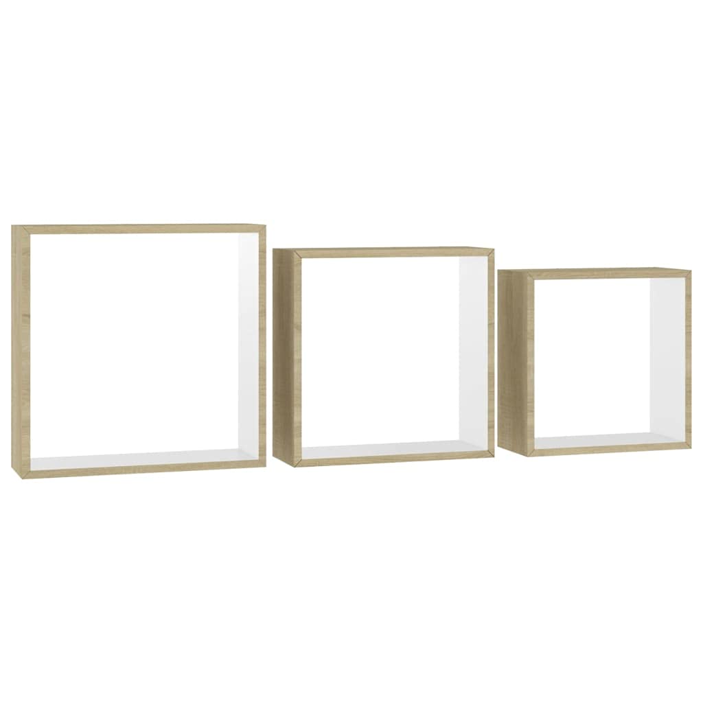 vidaXL 3 pcs Wall Cube Shelves in White and Sonoma Oak - Stylish Floating Shelves with Invisible Mounting, MDF Construction for Sturdy, Decorative Display