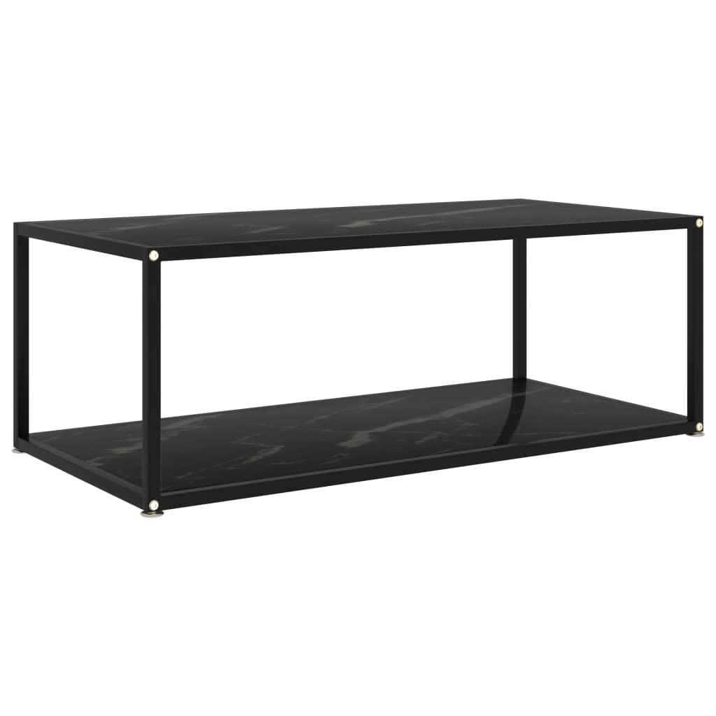 vidaXL Black Modern Coffee Table with Storage Shelf, Tempered Glass and Powder-Coated Steel, Rectangular Shape, Marble Texture, Dimensions 39.4x19.7x13.8