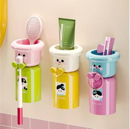 PURCHASE ZONE Wall Mounted Kids Toothbrush Holder & Mouthwash Cup Set Cartoon Design with Inverted Water Cup & Storage No Drill 