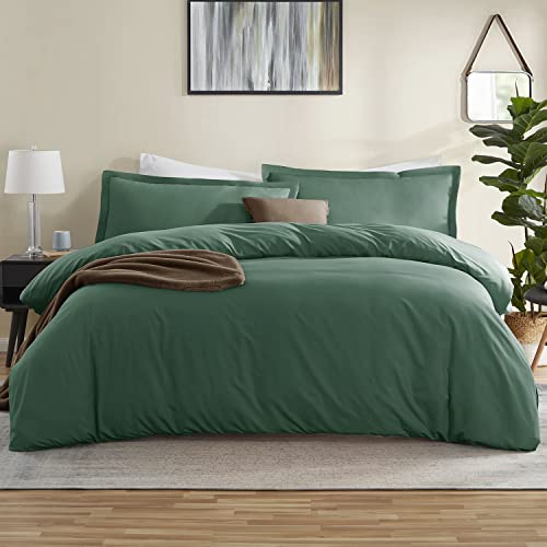 Nestl Dark Green Duvet Cover Full Size - Soft Full Size Duvet Cover Set, 3 Piece Double Brushed Full Duvet Covers With Button Cl