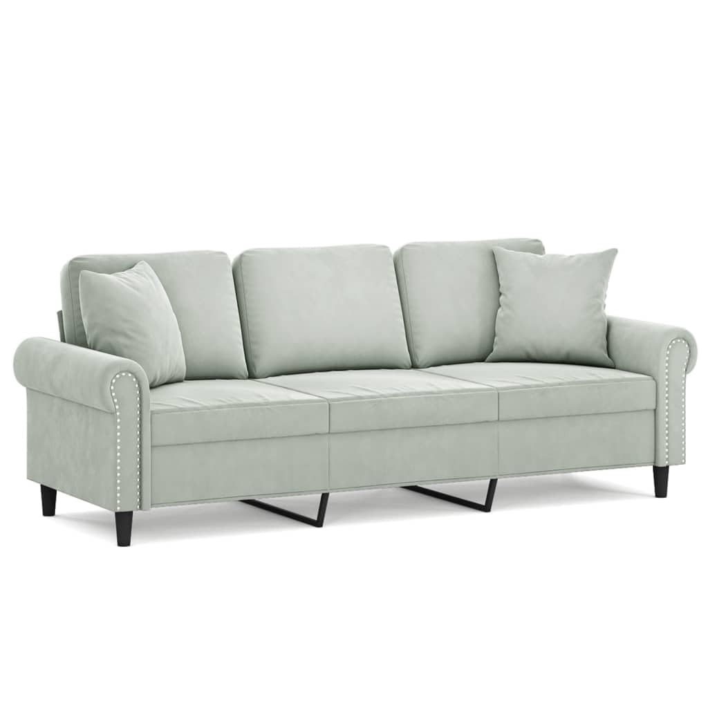 vidaXL Contemporary 3-Seater Sofa with Throw Pillows in Light Gray Velvet Fabric and Metal Frame – Living Room, Lounge, Office Seating