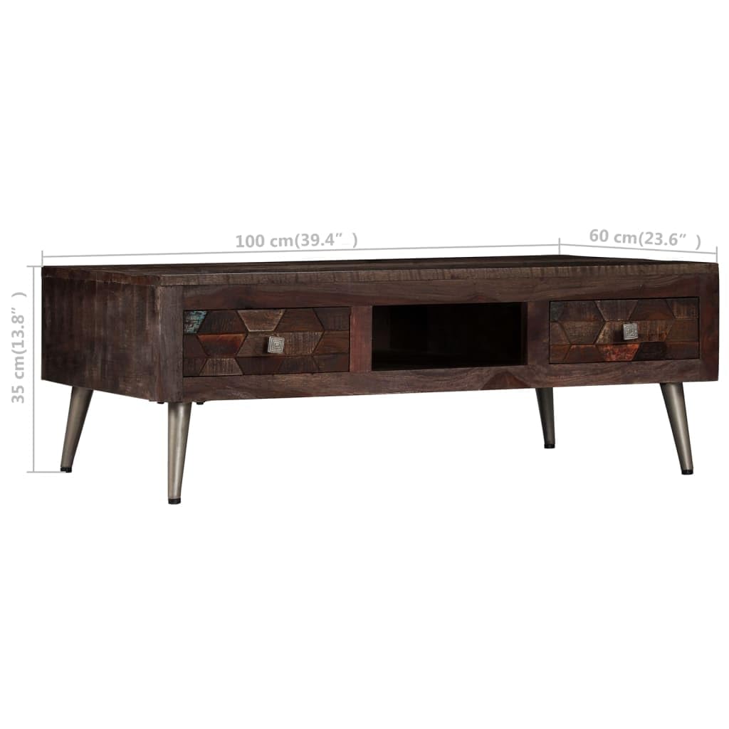 vidaXL Solid Reclaimed Wood and Steel Legs Coffee Table with Storage Compartments - Thumbnail 5