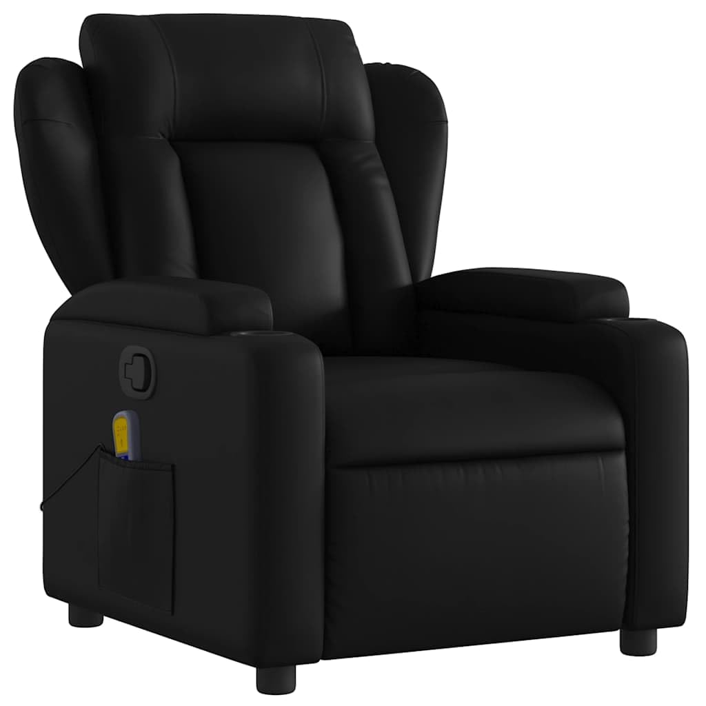 vidaXL Black Faux Leather Massage Recliner - Manual Single Sofa with Cup Holders, 6-Point Vibration Function