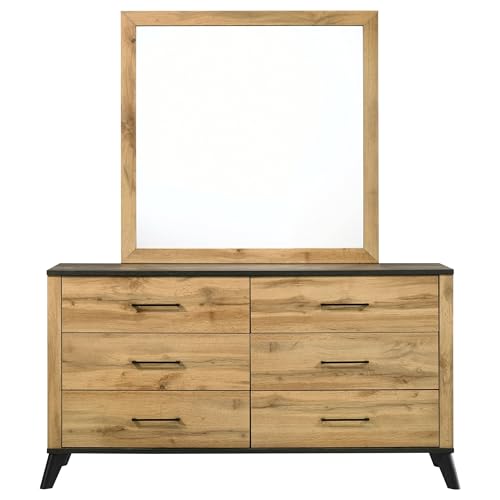 Coaster Home Furnishings Kaywood Mid-Century Modern 60-inch 6-Drawer Bedroom Dresser with Mirror Bedroom Clothing Storage Cabinet Wide Chest of Drawers Weathered Brown and Natural Pine 225003M