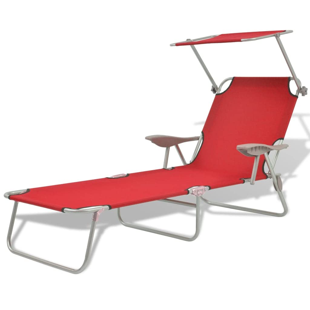 vidaXL Patio Lounge Chair, Folding Sunlounger with Adjustable Backrest, Sunbed with Canopy, Pool Lounge Chair for Outdoor Porch, Steel Red