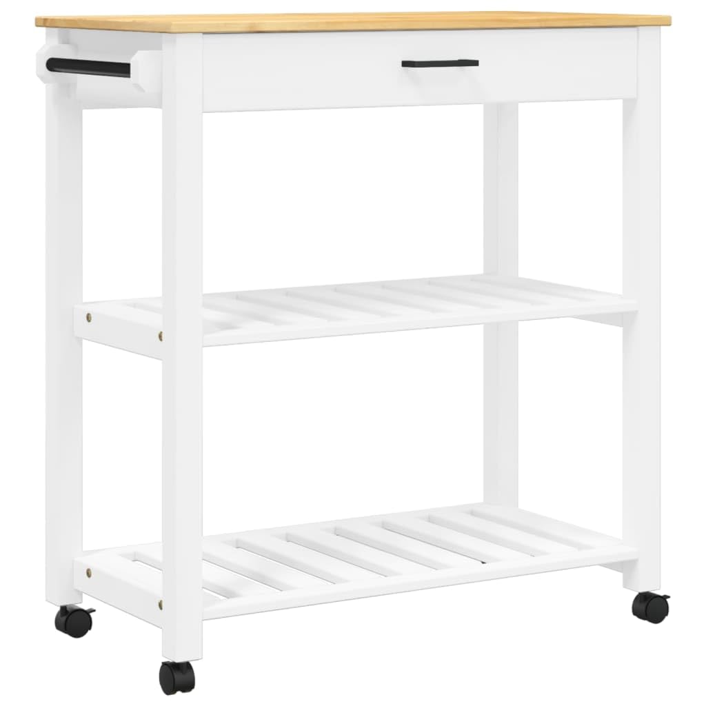 vidaXL Solid Pine Wood Kitchen Trolley Cart-White & Honey Wax Finish, with Drawer/Shelves/Hooks-Wheels