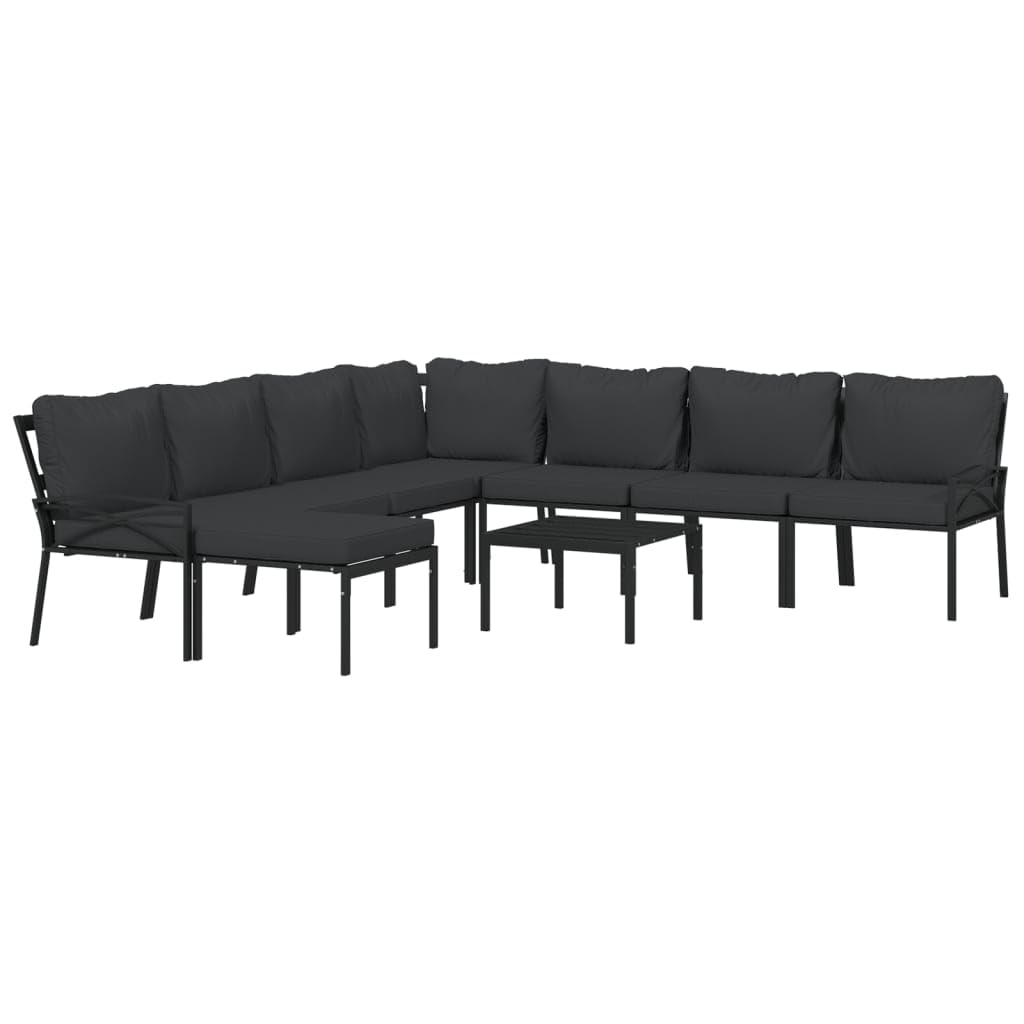 vidaXL 9 Piece Patio Lounge Set, Industrial Style, Outdoor Furniture, Steel Frame, Soft Cushions, Easy Assembly, Gray Cushions with Black Frame, Heavy-Duty Up to 242.5 lb