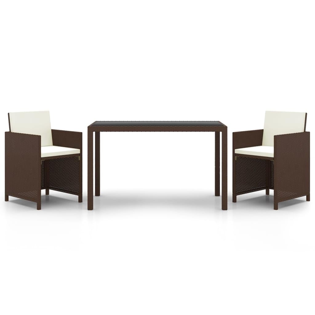 vidaXL 3-Piece Poly Rattan Patio Dining Set - Brown/Beige, Weather-Resistant Outdoor/Garden Furniture with Tempered Glass Tabletop and Cushions