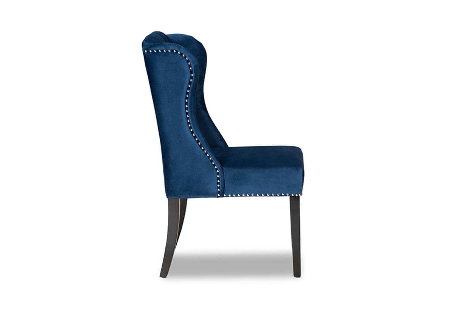 Baxton Studio Lamont Modern Contemporary Transitional Navy Blue Velvet Fabric Upholstered and Dark Brown Finished Wood Wingback Dining Chair
