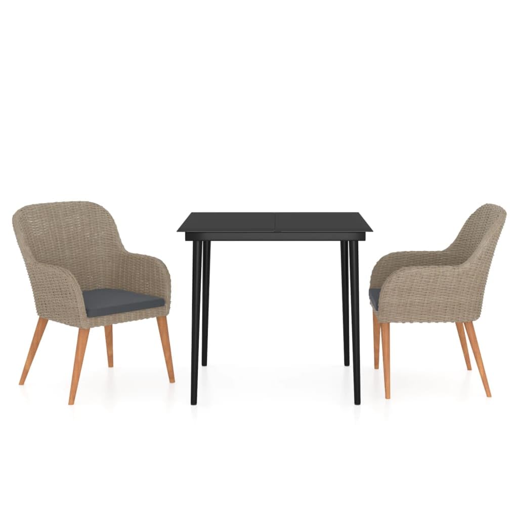 vidaXL 3-Piece Outdoor Patio Dining Set - Brown PE Rattan, Powder-Coated Steel, Solid Acacia Wood with Oiled Finish, Dark Gray Cushions -