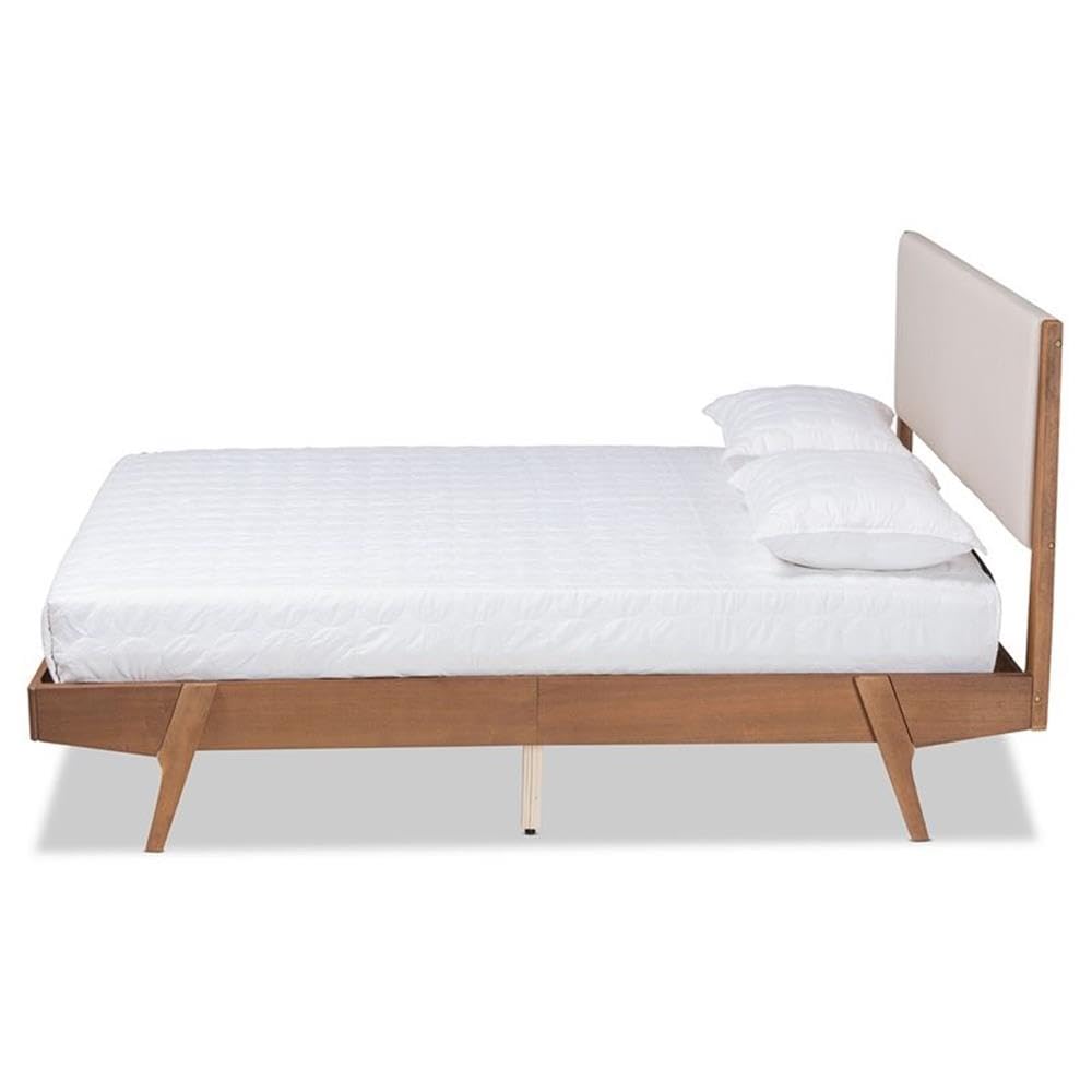 Baxton Studio Senna Mid-Century Modern Beige Fabric Upholstered and Walnut Brown Finished Wood King Size Platform Bed