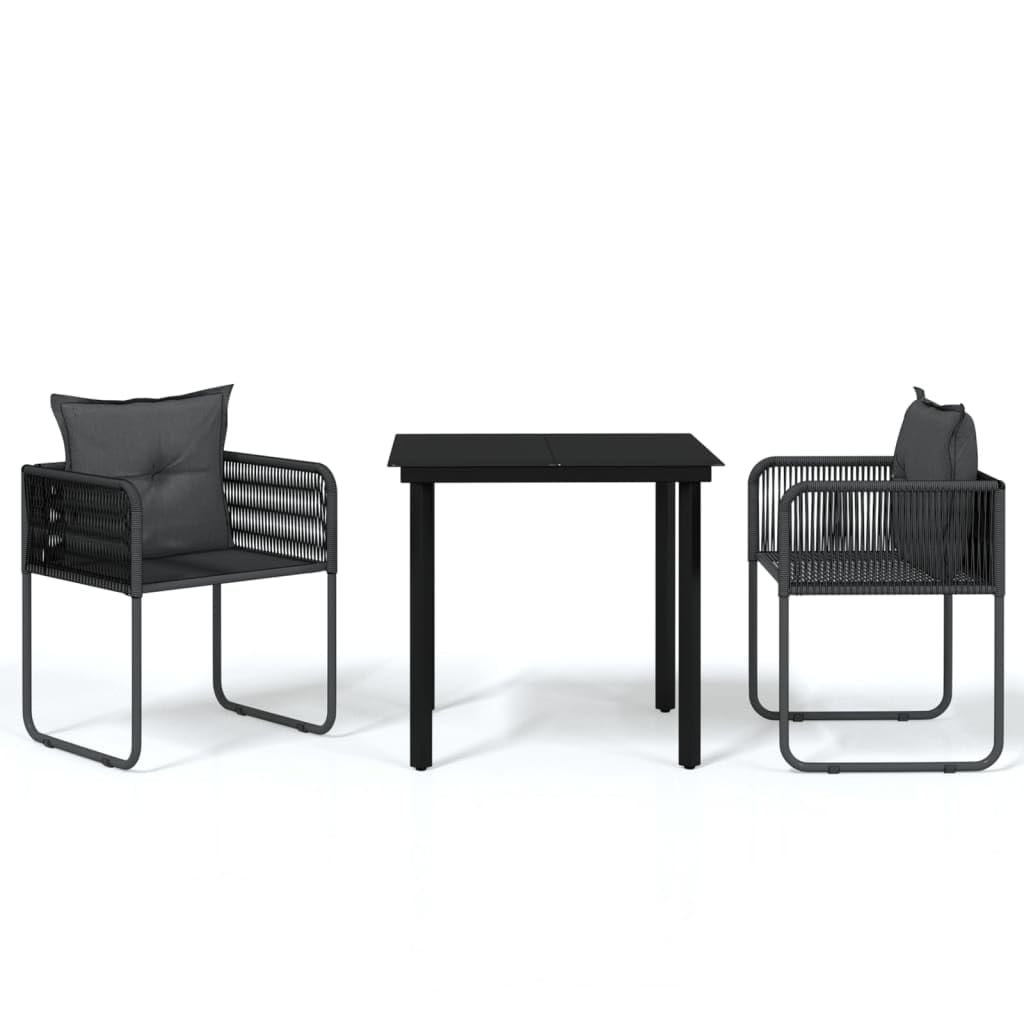 vidaXL 3-Piece Patio Dining Set with Back Pillows, PE Rattan Chairs & Glass Tabletop, Powder-Coated Steel Frame - Black