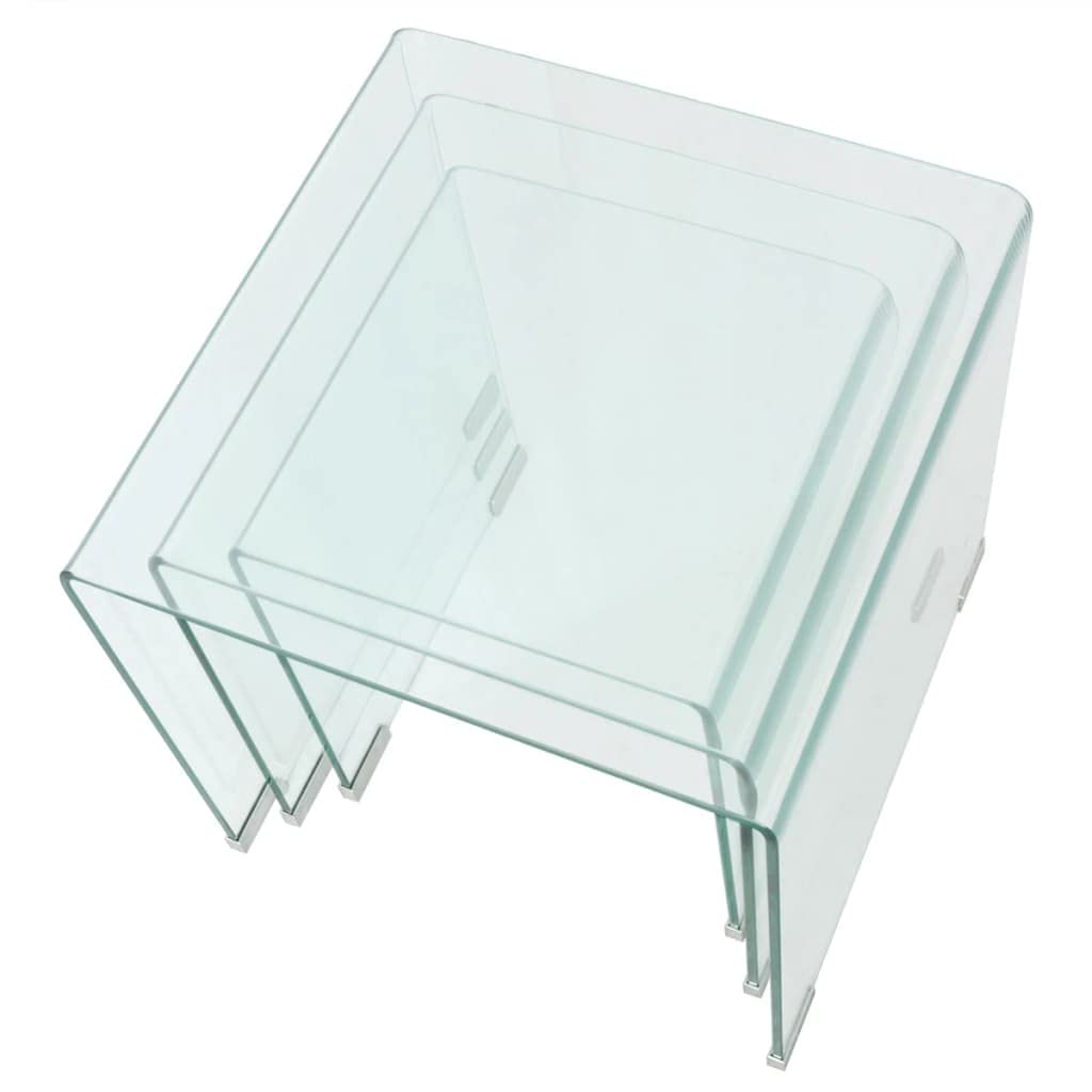 vidaXL 3-Piece Tempered Glass Square Nesting Tables - Clear - Multiple Applications in Living Room and Bedroom - Modern Style and Easy Storage