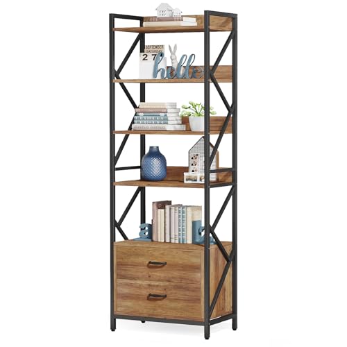 Little Tree 5 Tier Bookshelf With Drawers,Industrial Bookcase With Open Shelf For Home Office