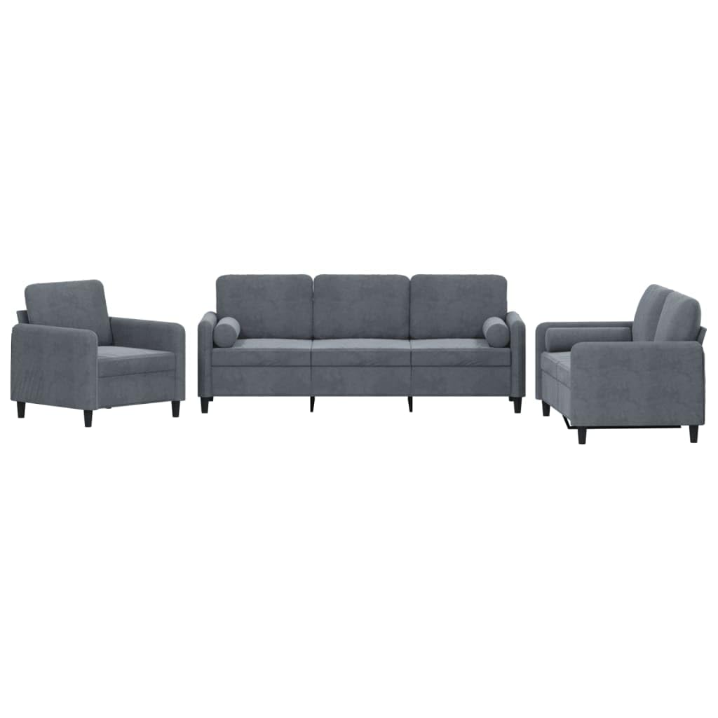 vidaXL 3 Piece Sofa Set in Dark Gray Velvet with Pillows - Comfortable Seating with Sturdy Plywood and Metal Frame