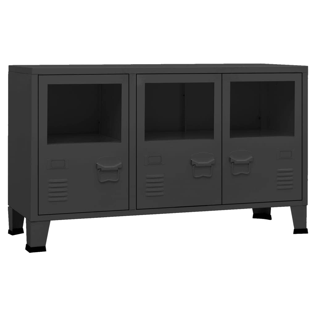 vidaXL Industrial Sideboard - Sleek Black Metal and Glass Design, Durable Construction, Ample Compartments for Storage and Display, Functional Air Vents and Name-Tag Holders on Doors