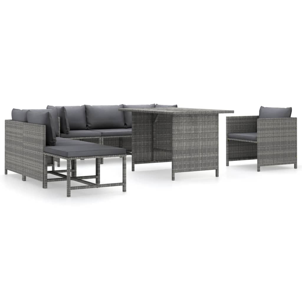 vidaXL 8-Piece Patio Lounge Set with Cushions, Poly Rattan, Powder-Coated Steel Frame, with Dining Table, Gray