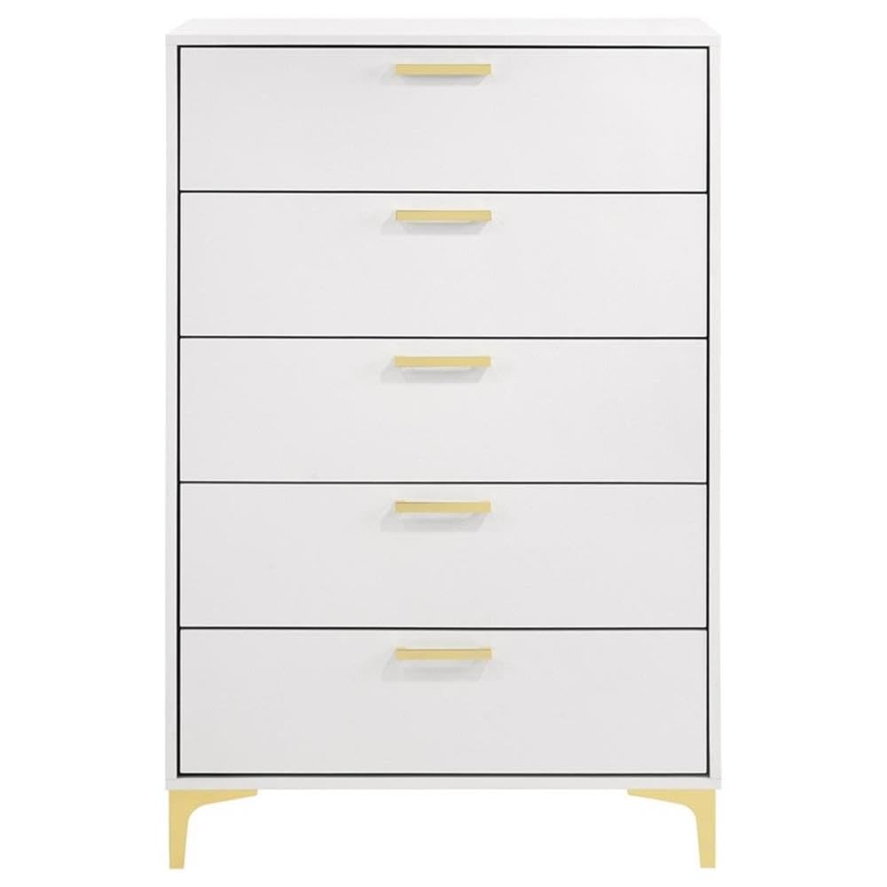 Coaster Home Furnishings Kendall 5-Drawer Contemporary Chest of Drawers Bedroom Clothing Storage Cabinet Engineered Wood Eco-Friendly Laminate with Gold Metal Legs and Handles White 224405