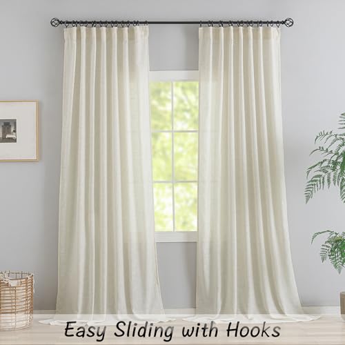 Natural Linen Curtains 102 Inches Long 2 Panels For Living Room -8.5 Ft Extra Long Back Tab Hooks Belt Pinch Pleated Curtains,Light Filtering Linen Drapes Ceiling To Floor For Large Window,Cream/Ivory
