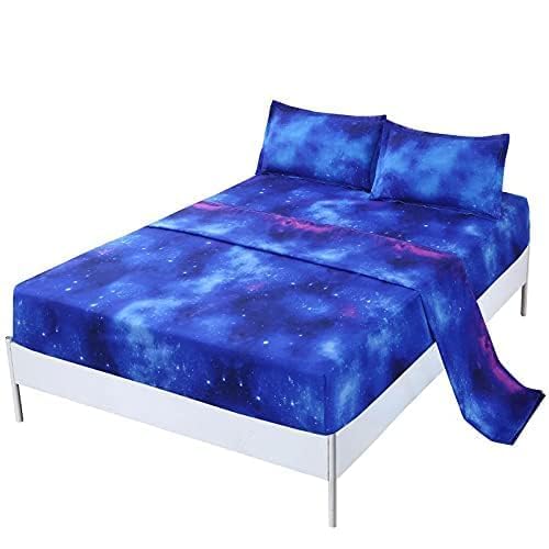 Sdiii 4Pcs Blue Galaxy Sheets Set Full, Soft Microfiber Space Bed Sheets Full For Girls Boys Teens And Kids, Galaxy Sheets Full