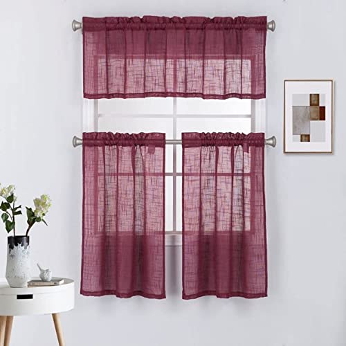 Diamond Home Linens 3 Piece Linen Semi Sheer Kitchen Window Curtain Tiers and Valance Set 36 Long, Burgundy.