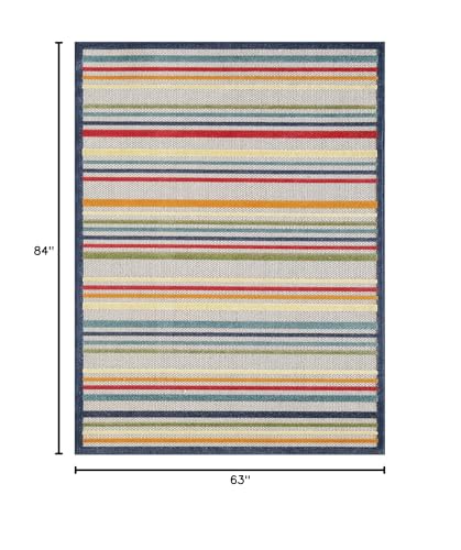 HomeRoots Ivory UV-Treated Polypropylene 5’ x 7’ Navy Colorful Striped Indoor Outdoor Area Rug