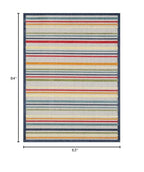 HomeRoots Ivory UV-Treated Polypropylene 5’ x 7’ Navy Colorful Striped Indoor Outdoor Area Rug