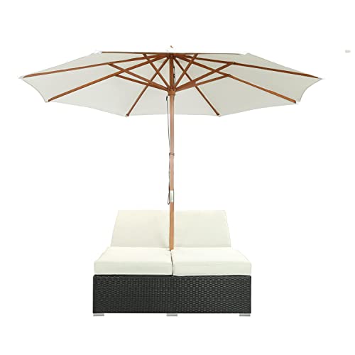 Modway Arrival Wicker Rattan Outdoor Patio Upholstered Double Chaise Lounge Chair in Espresso White With Umbrella