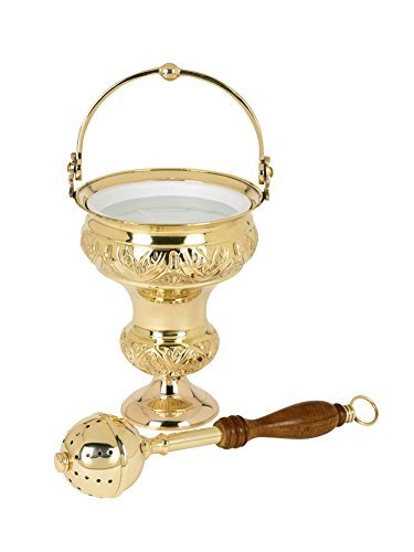 Ornate Brass Holy Water Pot With Sprinkler Set