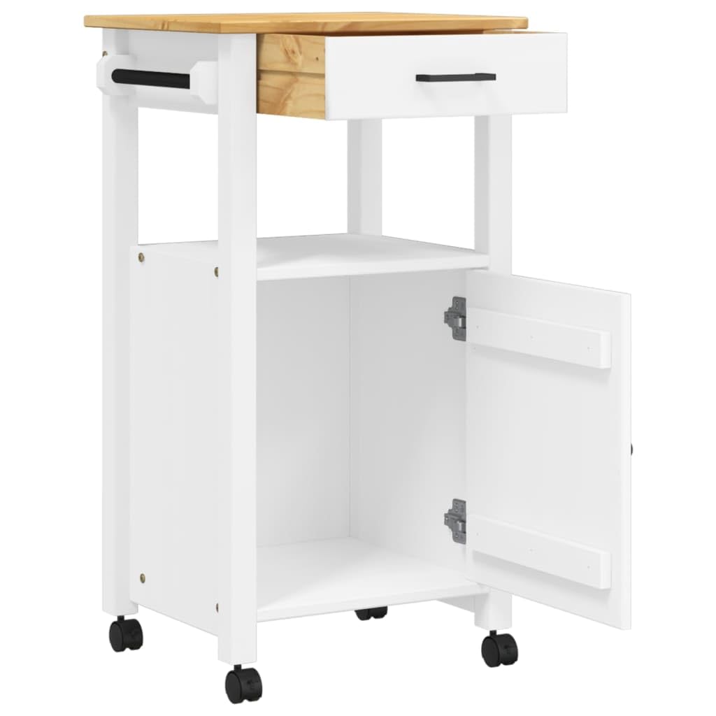 vidaXL Solid Pine Wood Kitchen Trolley - White & Honey Wax Finish, Rolling Storage Cart with Drawer, Shelves and Wheels for Kitchen/Living Room/Bathroom