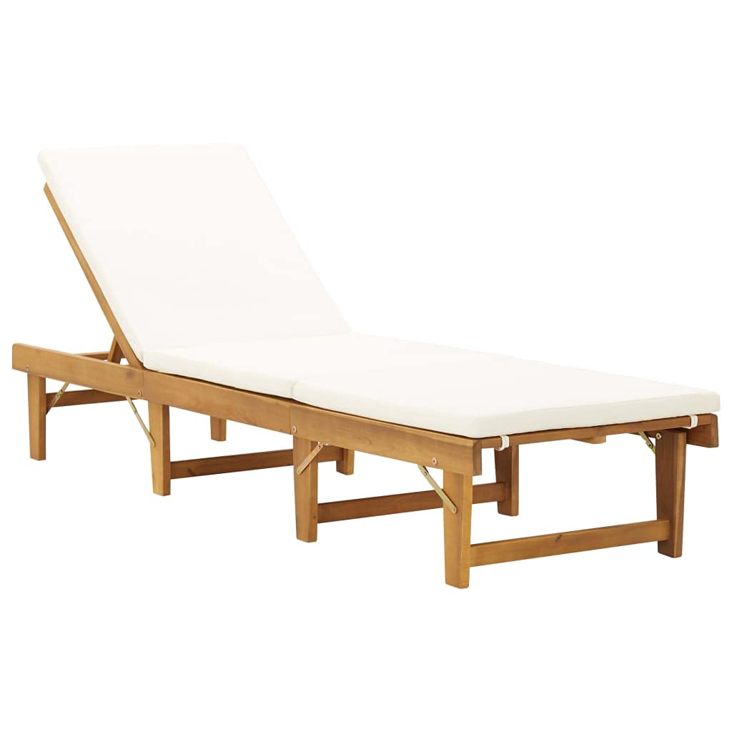 vidaXL Solid Acacia Wood Folding Sun Lounger with Adjustable Heights and Removable Cushion, Ideal for Poolside, Patio, Balcony, or Campsite