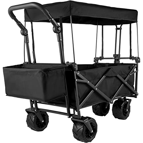 Happbuy Extra Large Collapsible Garden Cart With Removable Canopy, Folding Wagon Utility Carts With Wheels And Rear Storage, Wag