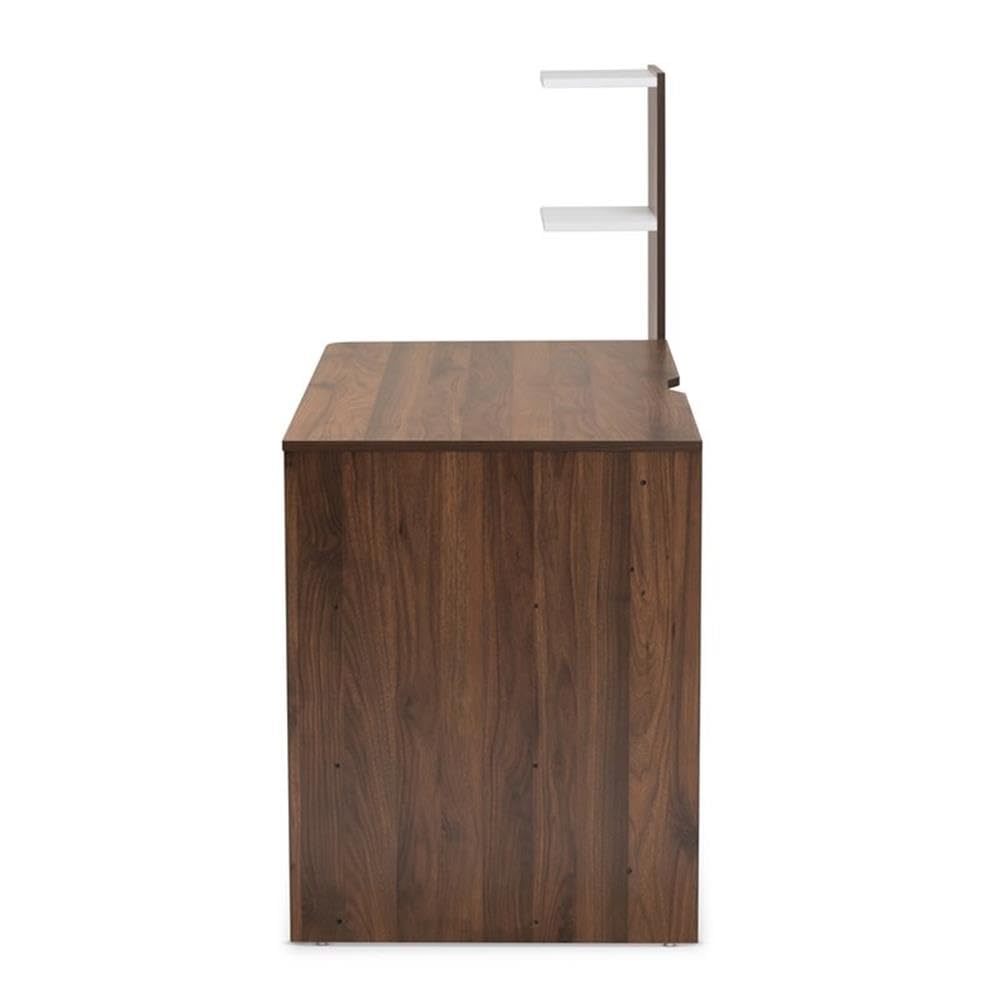 Baxton Studio Tobias Mid-Century Modern Two-Tone White and Walnut Brown Finished Wood Storage Computer Desk with Shelves