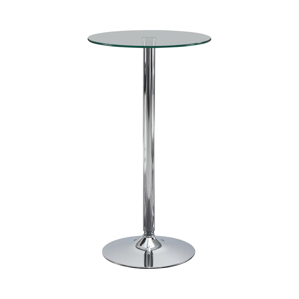 Coaster Home Furnishings Modern Game Room Round Pub Height Bar Table Tempered Glass Top Chrome Base, Clear, 24” W x 41” H x 24” L (120341)