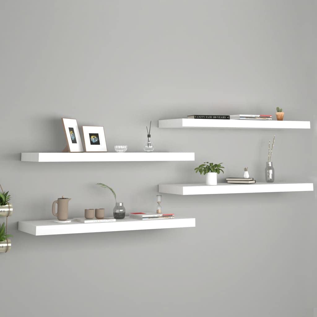 vidaXL Set of 4 Floating Wall Shelves in White - Versatile, Stylish and Durable MDF Wall Display Shelves with Metal Frame and Invisible Mounting System