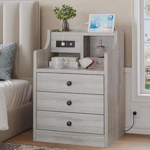 Tiptiper Nightstand With Charging Station, Grey Night Stands With Hutch, 3 Drawers Bedroom End Table Bedside Table With 2 Usb Ports & 2 Outlets