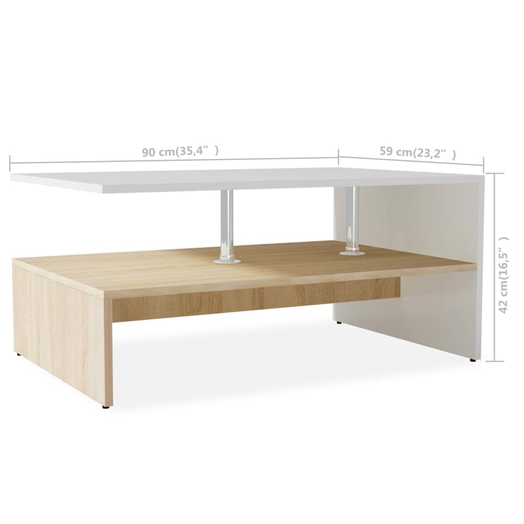 vidaXL Modern Two-Tier Coffee Table with Storage in Oak and White - Stylish Engineered Wood Furniture Piece with Steel Supports