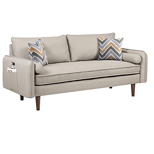 Lilola Home Mia Mid-Century Modern Beige Fabric Sofa with USB Charging Ports & Pillows