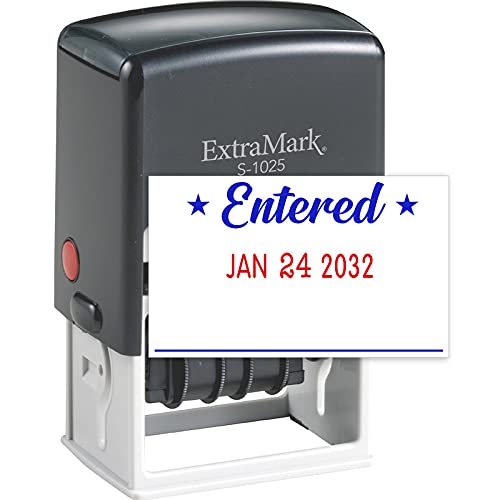 Extramark S-1025 Professional Self Inking Office Date Stamp With 'Entered' Phrase - Style P - Blue & Red Color Ink