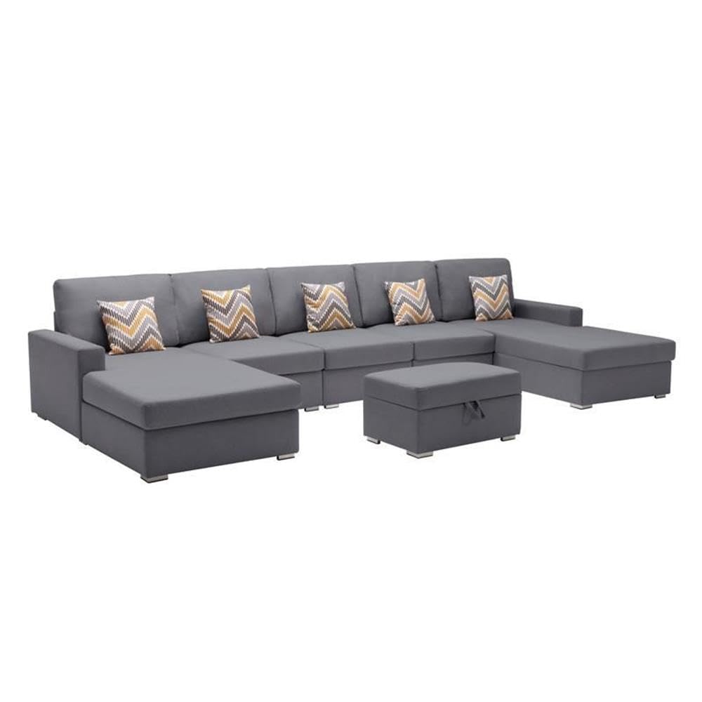 Lilola Home Nolan Gray Linen Fabric 6Pc Double Chaise Sectional Sofa with Interchangeable Legs, Storage Ottoman, and Pillows