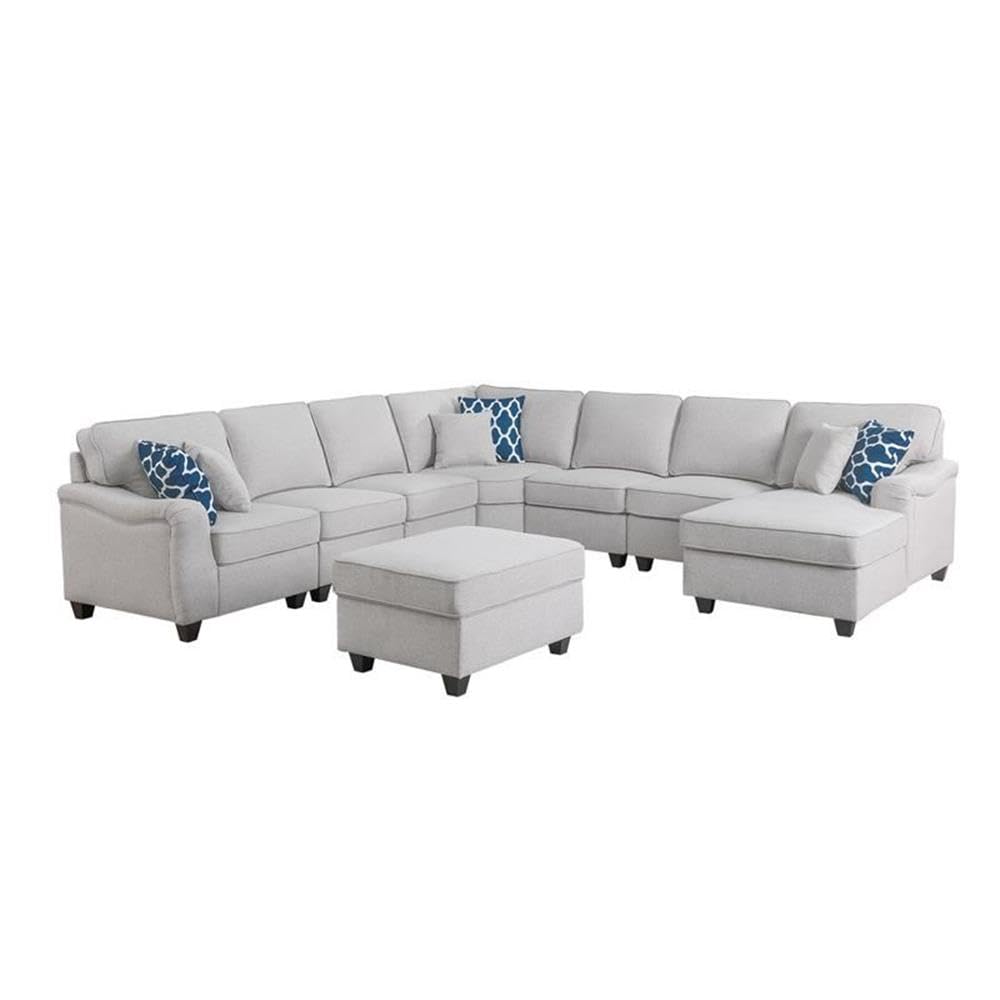 Lilola Home Leo Light Gray Linen 8Pc Modular L-Shape Sectional Sofa Chaise and Ottoman