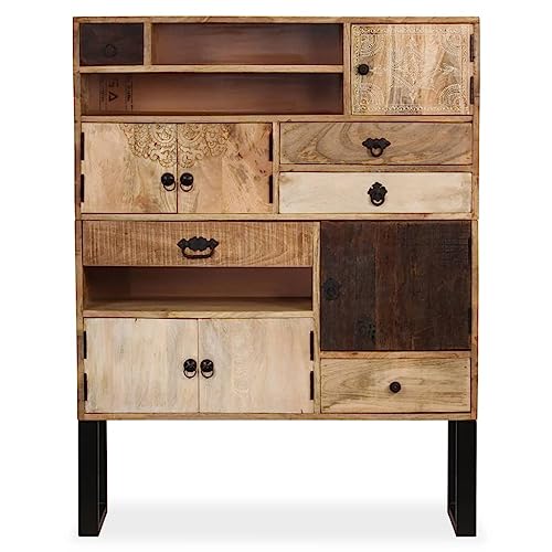 vidaXL Solid Mango Wood Sideboard with Steel Legs - Handcrafted with Hand-Carved Details - 3 Shelves, 4 Cabinets and 5 Drawers - Industrial Style, Brown