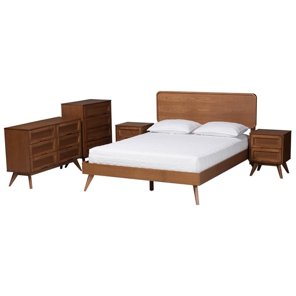 Baxton Studio Demeter Mid-Century Modern Walnut Brown Finished Wood King Size 5-Piece Bedroom Set