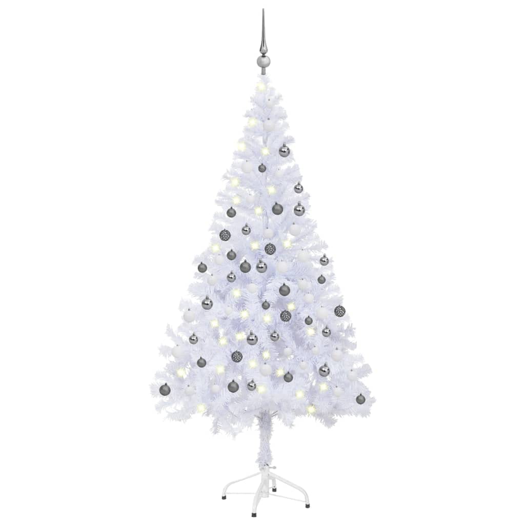 vidaXL 59.1&quot; Artificial Christmas Tree with LED Lights and Ball Set - Dense, Snow-Covered, Eco-Friendly PVC, Reusable, Simple Assembly, White and Gray